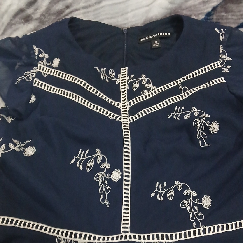 Madison Leigh Midnight Blue Dress with Ivory Embroidery